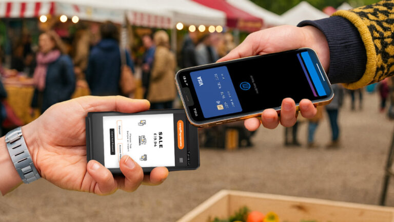 Customer making contactless card payment using Castles S1 MINI2 mobile payment terminal at UK market