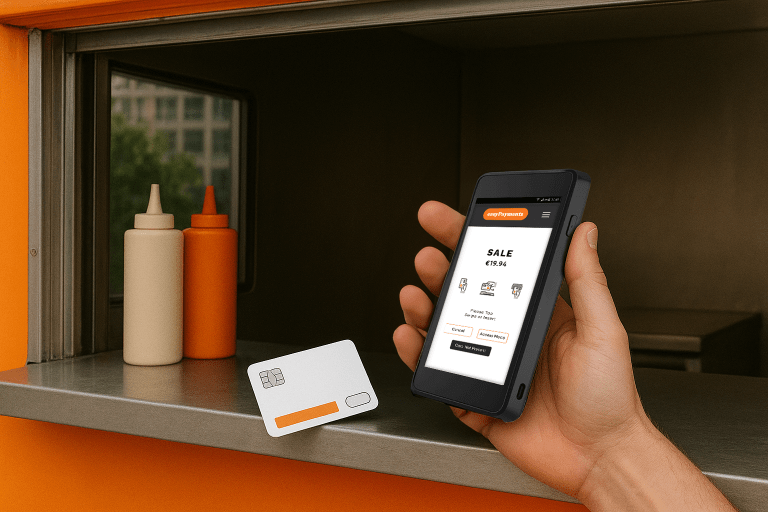 Person using free easyGo card machine CASTLES S1 MINI2 in Irish food truck for contactless payment