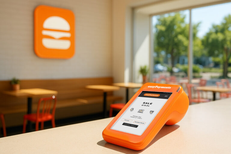 PAX A920 PRO card machine on burger restaurant counter accepting contactless payments