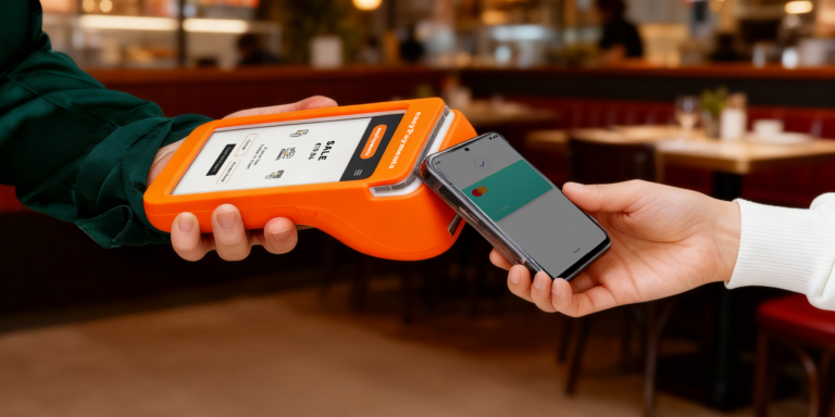 Customer making a contactless payment on a PAX A920 PRO restaurant payment system in the UK