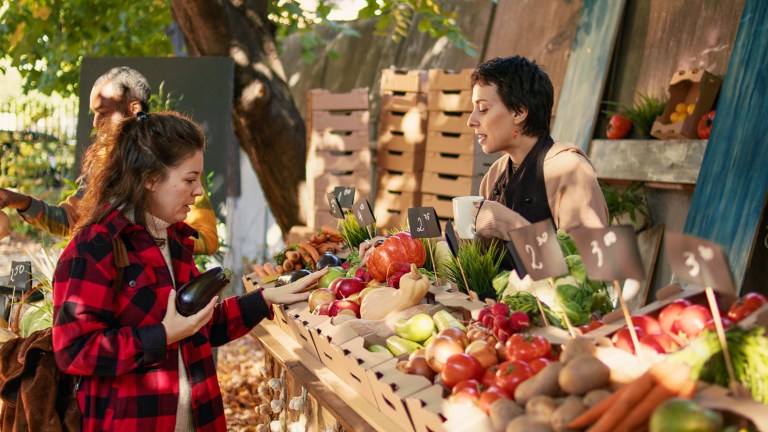 Market trader payments Ireland - woman buying fresh vegetables at Irish farmers market stall with card payment terminal