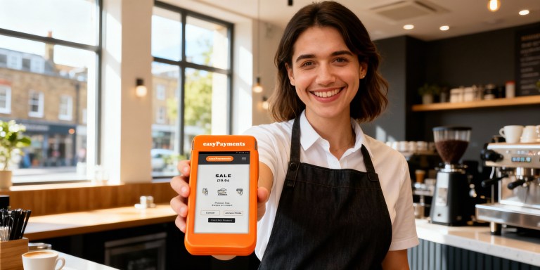 Barista holding PAX A920 PRO card machine from Easy Payments card payment provider UK in independent coffee shop