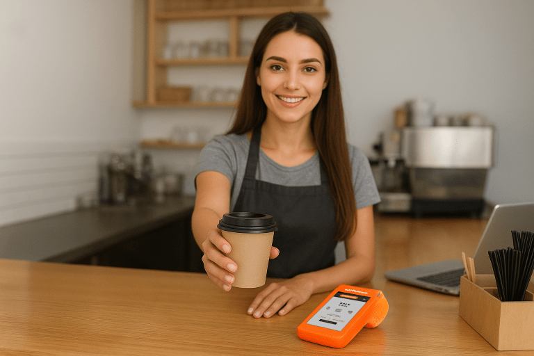 Cheap card machine Ireland - smiling barista with PAX A920 PRO terminal from easyPayments accepting contactless payment in Irish café