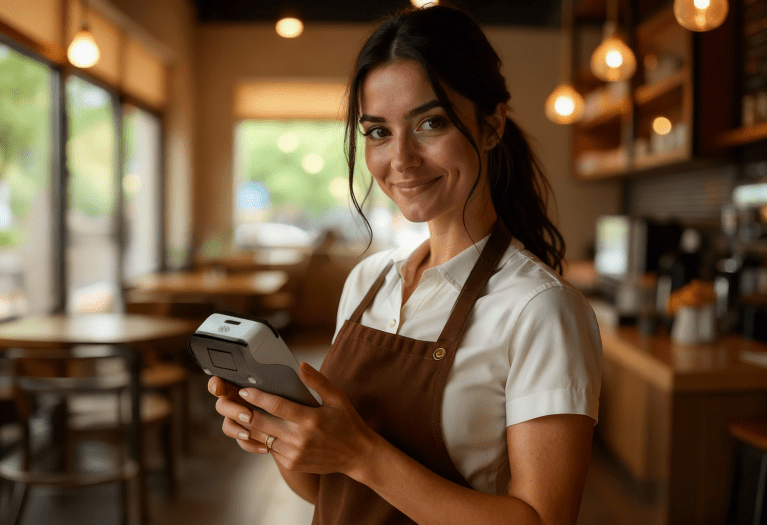 Female waiter holding PAX A920 PRO free card machine terminal for UK restaurant payments