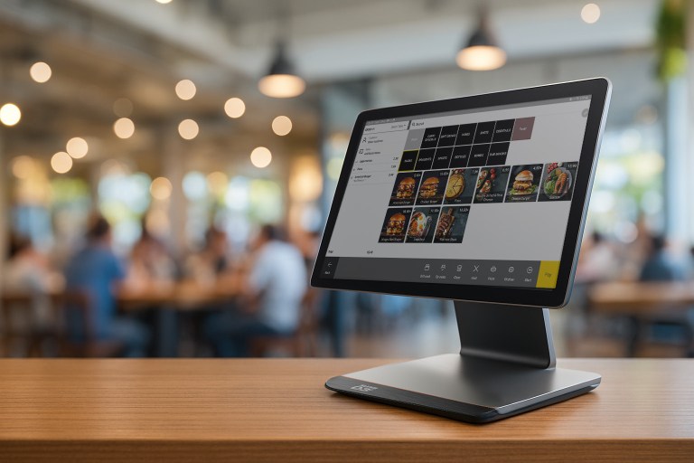 Customer making contactless payment on easyStore EPOS system at restaurant counter in Ireland