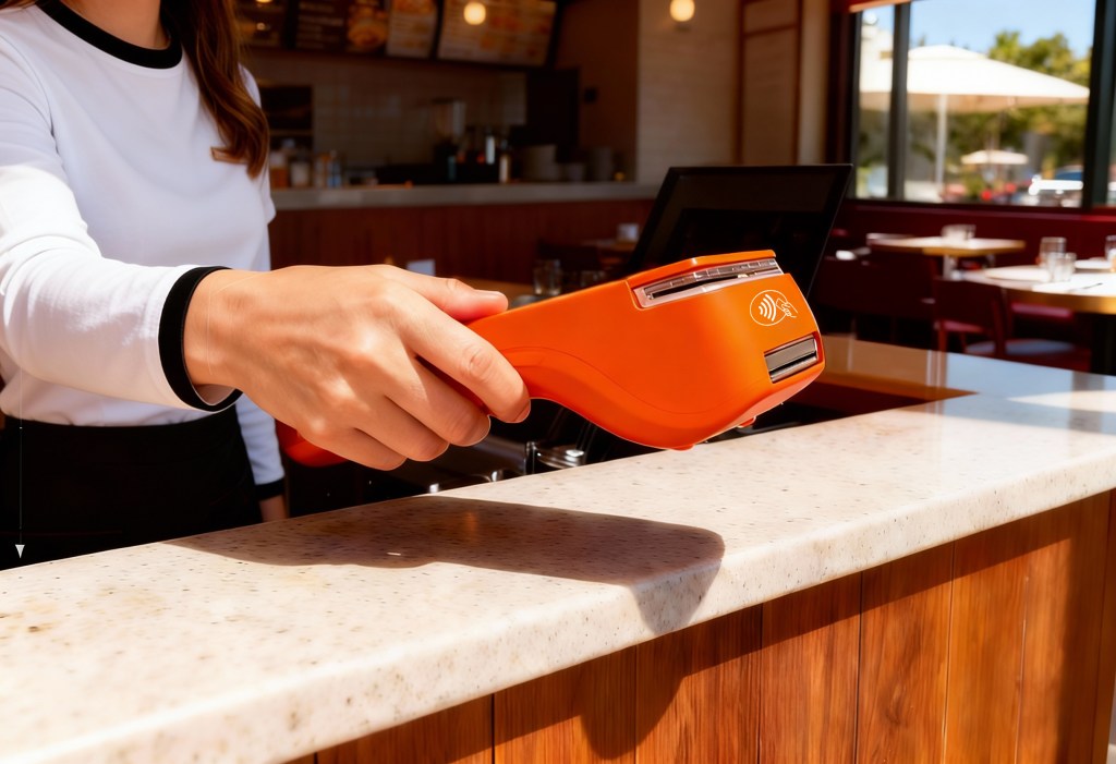 Waiter holding easyPro PAX A920pro payment terminal for Budget 2026 payments Ireland hospitality VAT changes