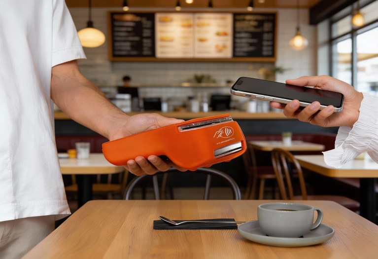 Customer making contactless payment with card at Irish business terminal