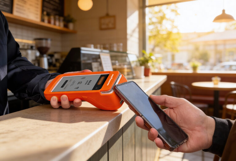 Customer making contactless card payment using easyPro terminal for new business in UK retail store