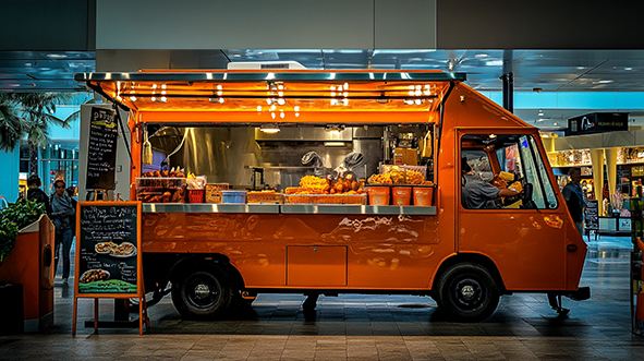 Food truck trader using a portable card machine UK outdoor market setting