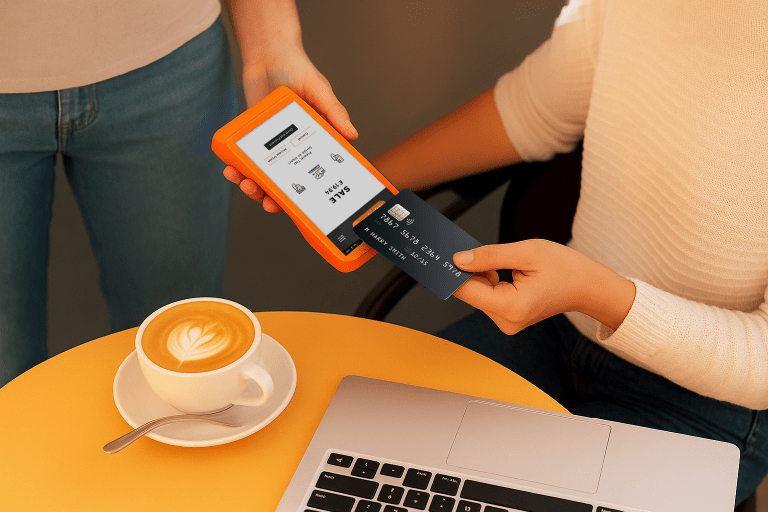 Alt Text: Person making a contactless card payment at a UK small business